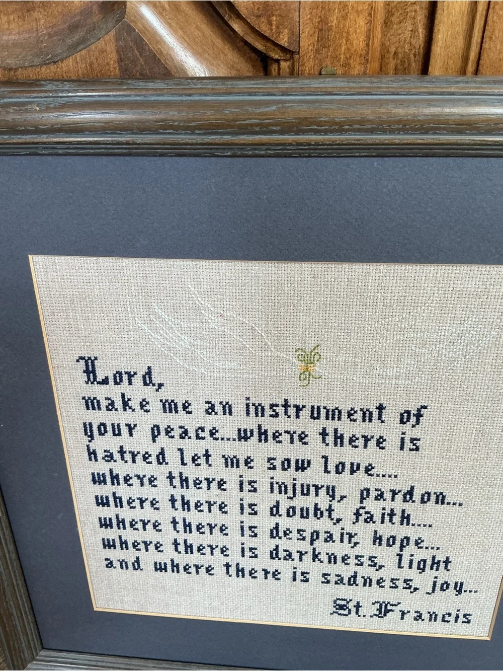 St. Francis Prayer Cross-Stitch Wall Art in Blue and Cream